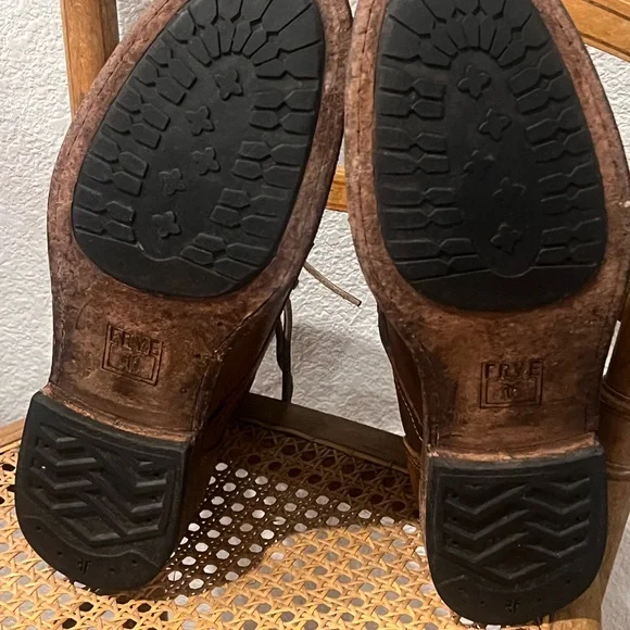 Frye Tyler Brown Leather Double Zip Lace-Up Boots with Brogue Detailing